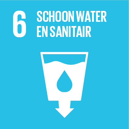 Logo van SDG 6 'Schoon water en sanitair' met lichtblauw icoon en pictogram van een kraan en druppel.